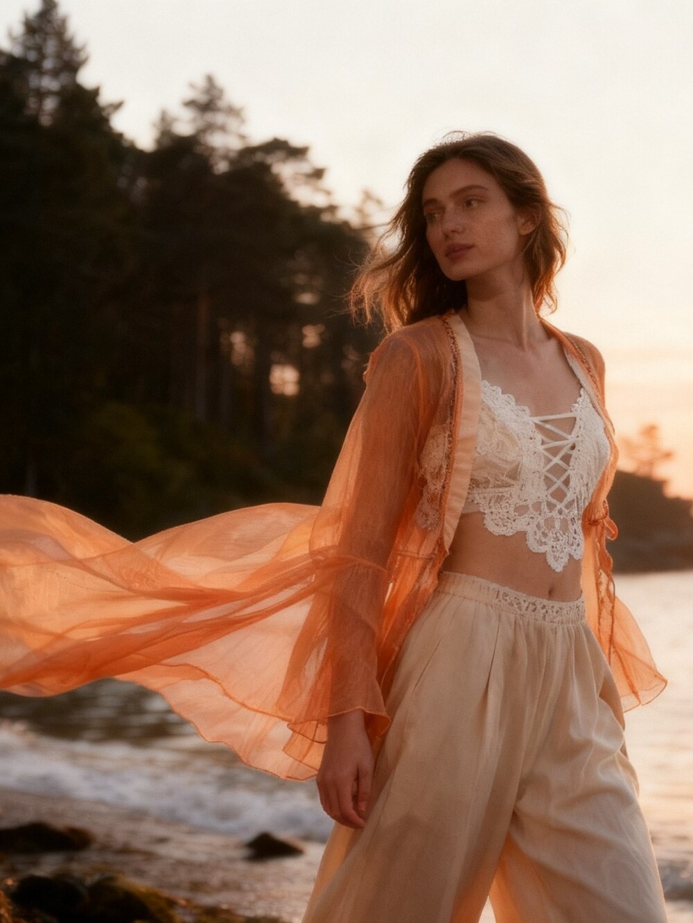 3PC Fairycore Peach Shimmer Flare Sleeve Cardigan Lace Bralette & Wide Leg Pants